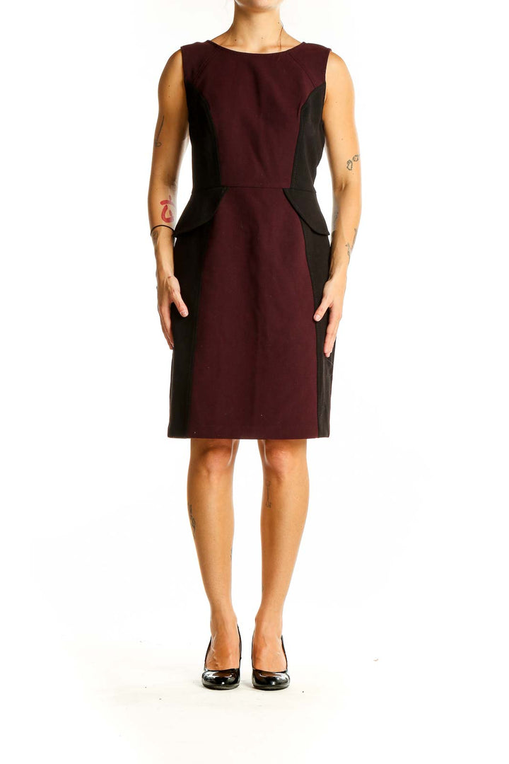 Front view of LOFT burgundy and black color block sheath dress