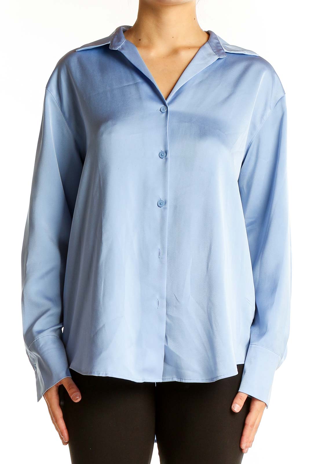 Front view of light blue Uniqlo button-down shirt