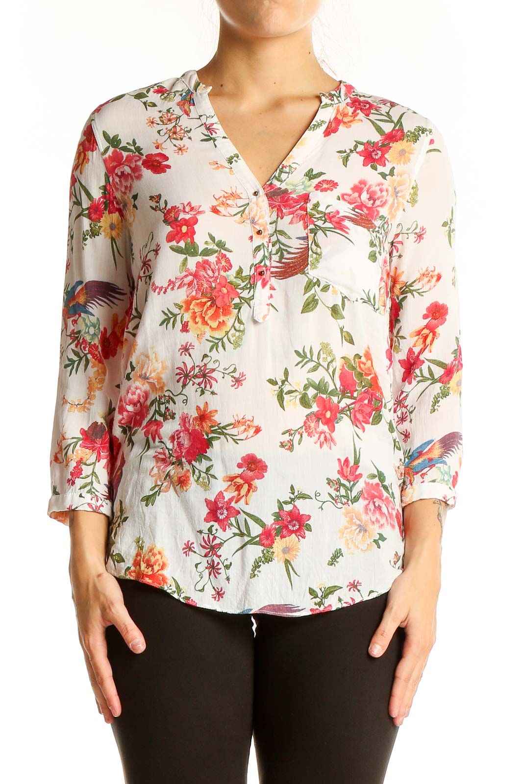 Front view of Zara Basic white floral print V-neck blouse