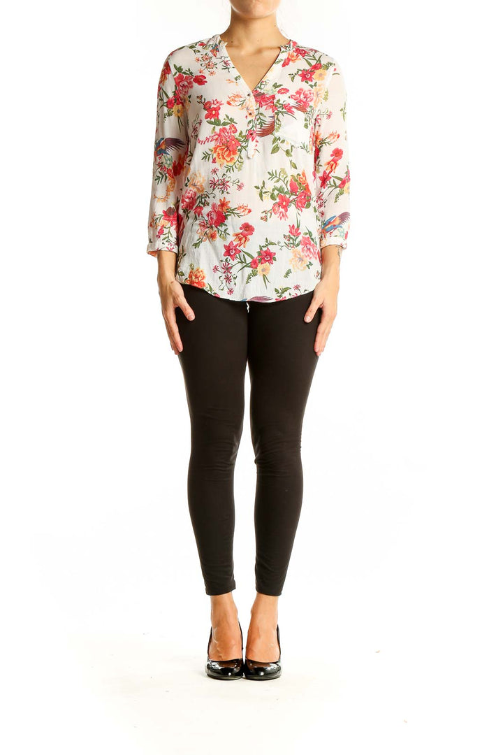 Front view of Zara Basic white floral print V-neck blouse