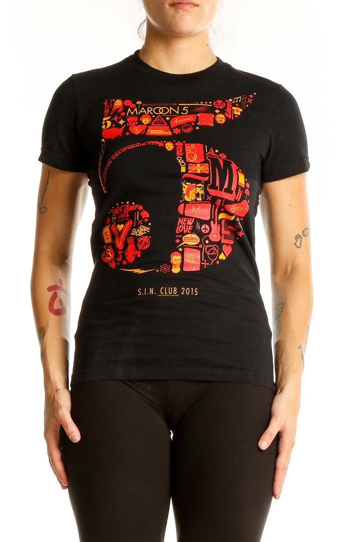 Front view of black American Apparel t-shirt with colorful Maroon 5 graphic print