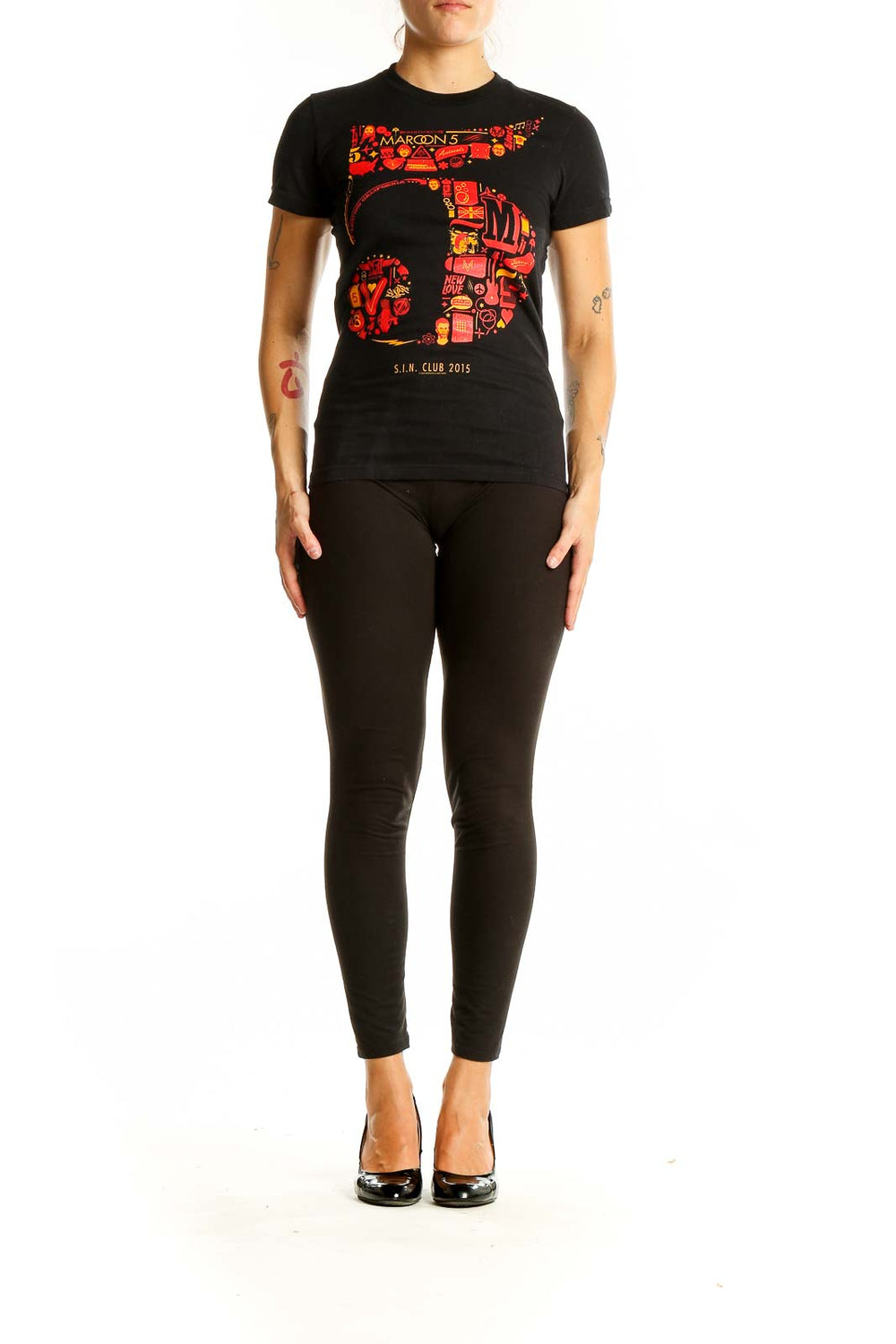 Front view of black American Apparel t-shirt with colorful Maroon 5 graphic print