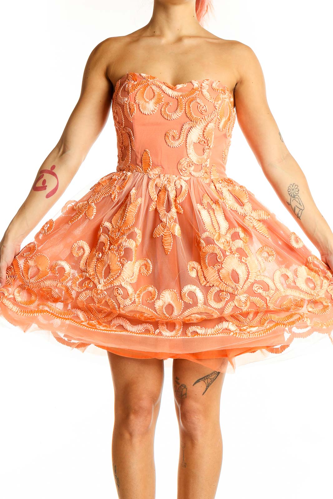 Front view of Ark & Co. peach strapless embroidered tulle cocktail dress