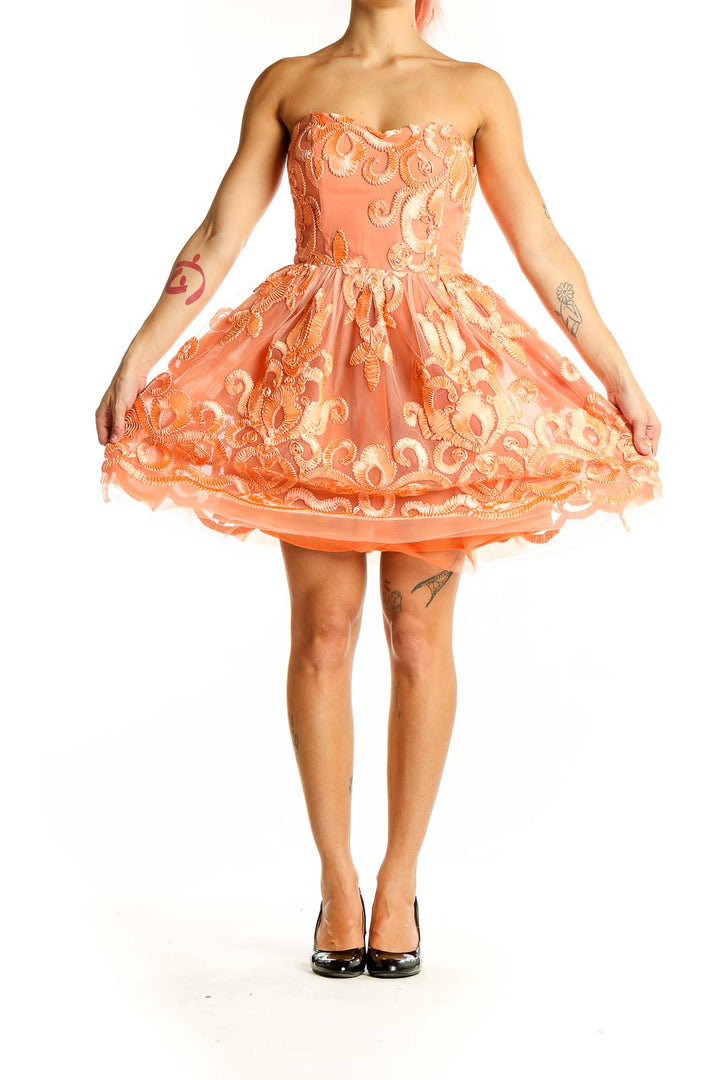 Front view of Ark & Co. peach strapless embroidered tulle cocktail dress