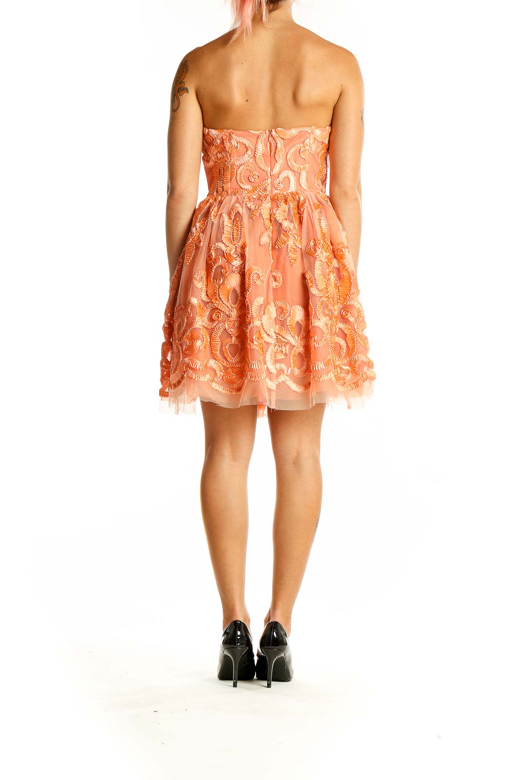 Back view of Ark & Co. peach strapless embroidered tulle cocktail dress