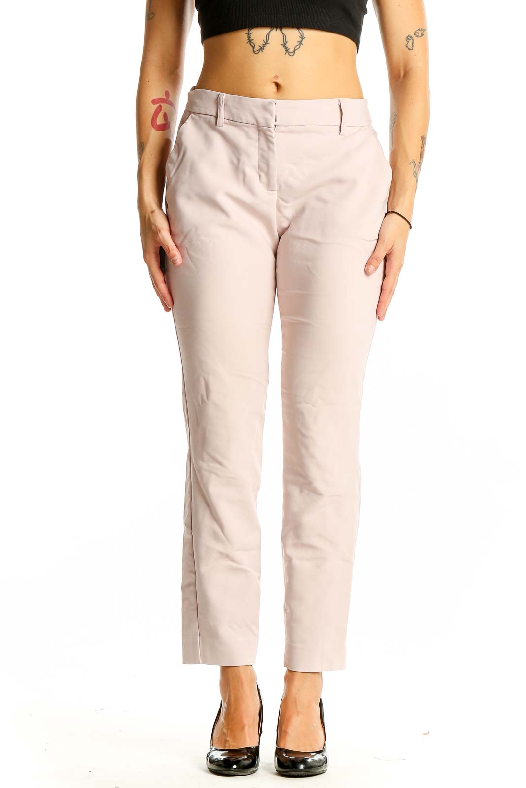 Front view of Express blush slim fit ankle pants on model