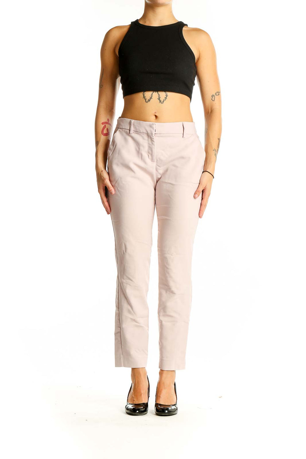 Front view of Express blush slim fit ankle pants on model