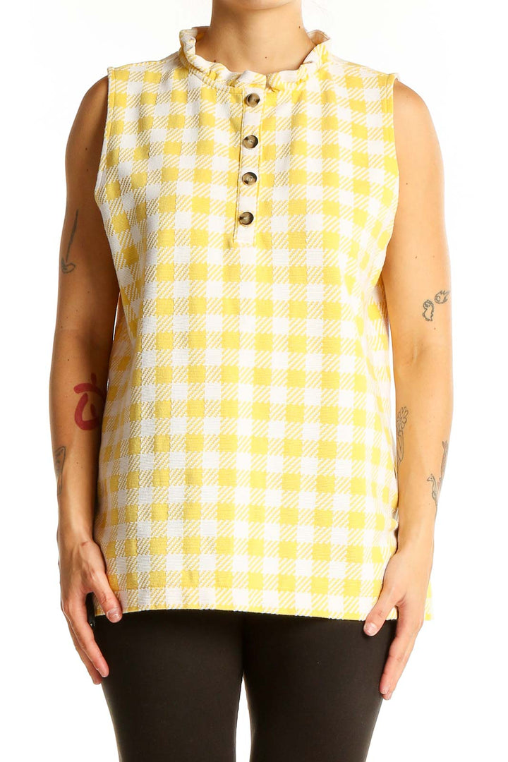 Front view of Ann Taylor yellow gingham sleeveless top with ruffle collar