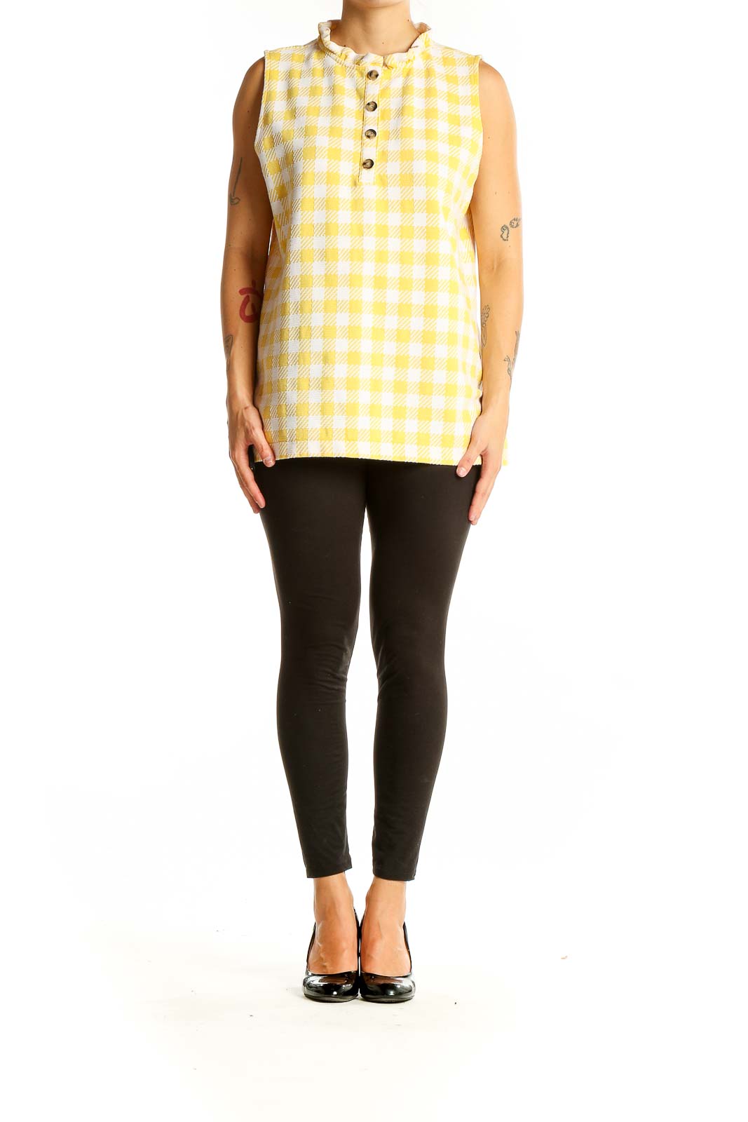 Front view of Ann Taylor yellow gingham sleeveless top with ruffle collar