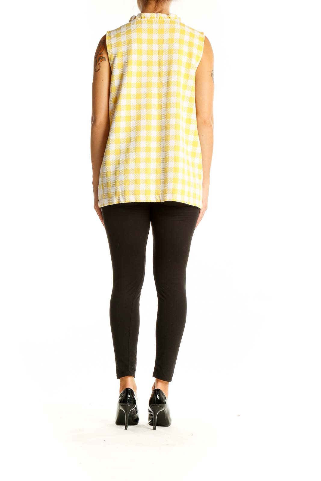 Back view of Ann Taylor yellow gingham sleeveless top showing full pattern