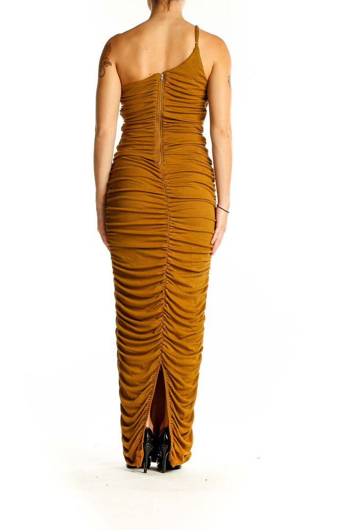 Back view of mustard one-shoulder ruched maxi dress by blanc showing zipper closure