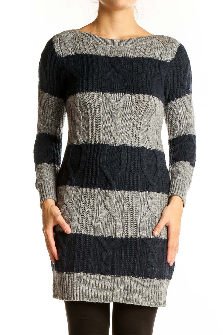 Front view of Gap gray and navy striped cable knit sweater dress