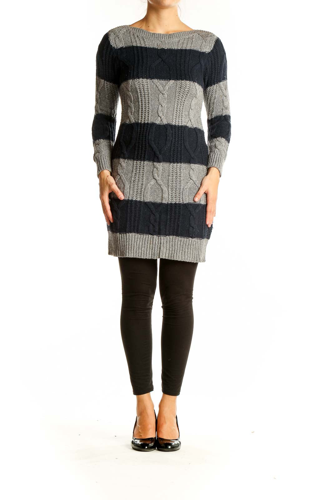 Front view of Gap gray and navy striped cable knit sweater dress