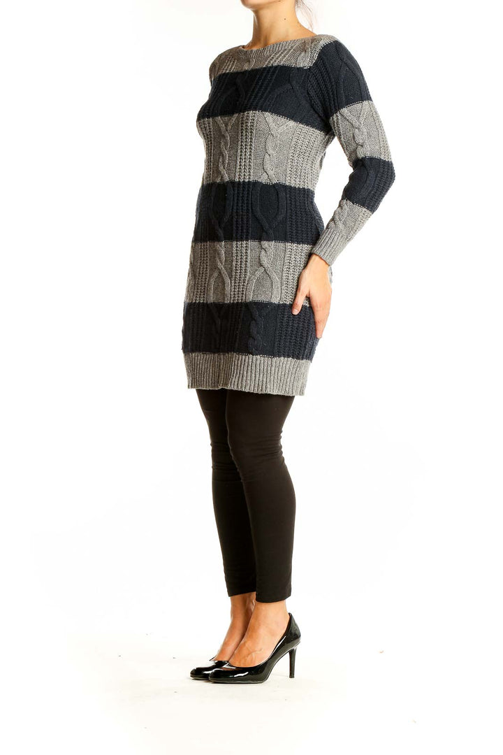 Front view of Gap gray and navy striped cable knit sweater dress