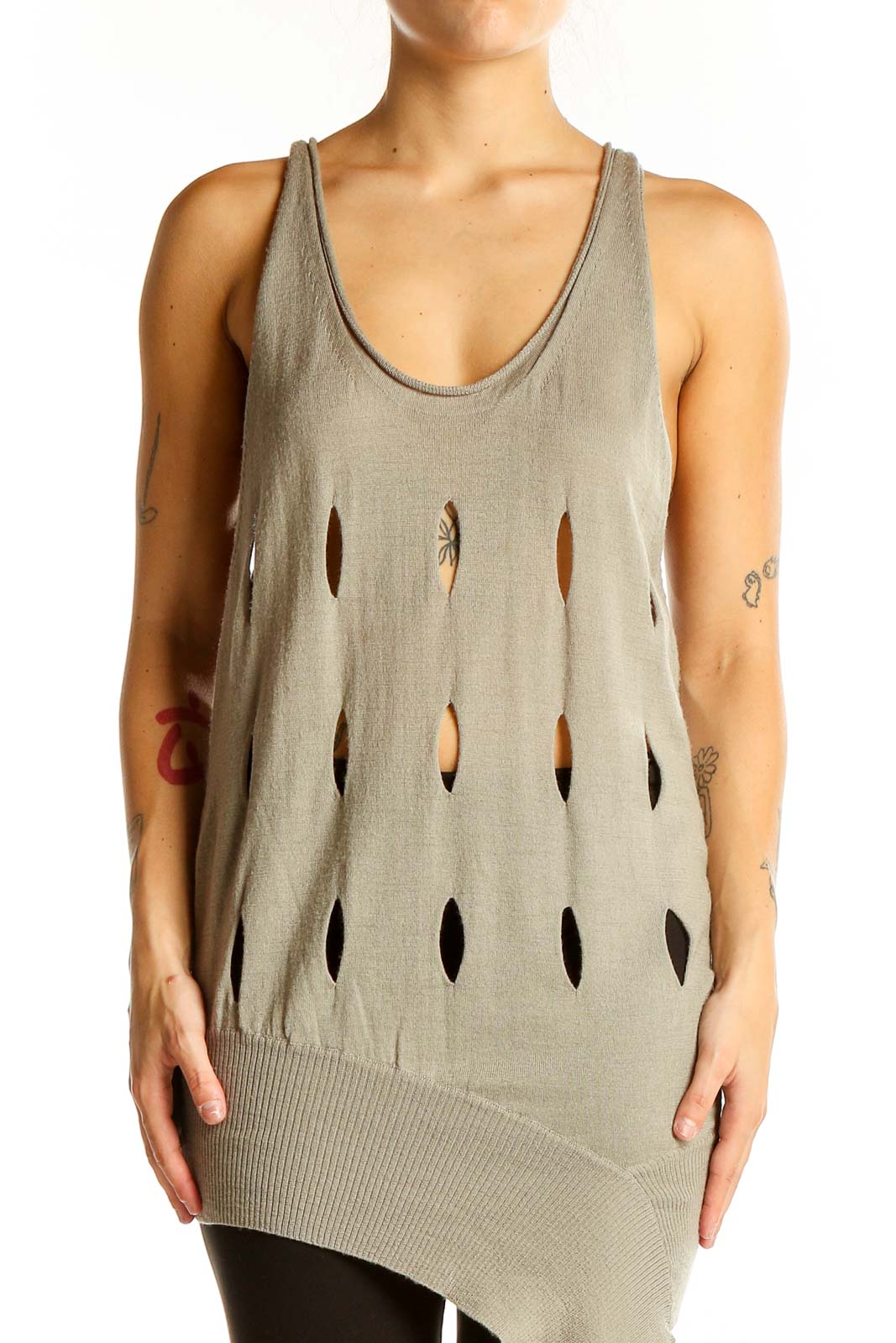 Front view of JNBY taupe wool tank top with oval cutouts