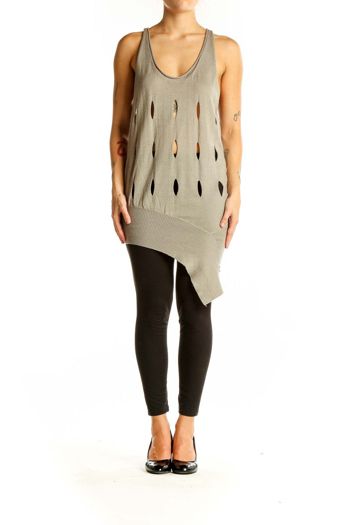 Front view of JNBY taupe wool tank top with oval cutouts