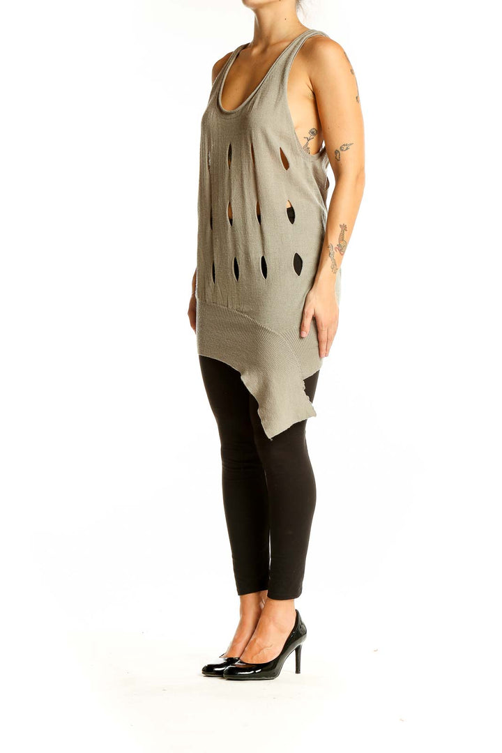 Front view of JNBY taupe wool tank top with oval cutouts