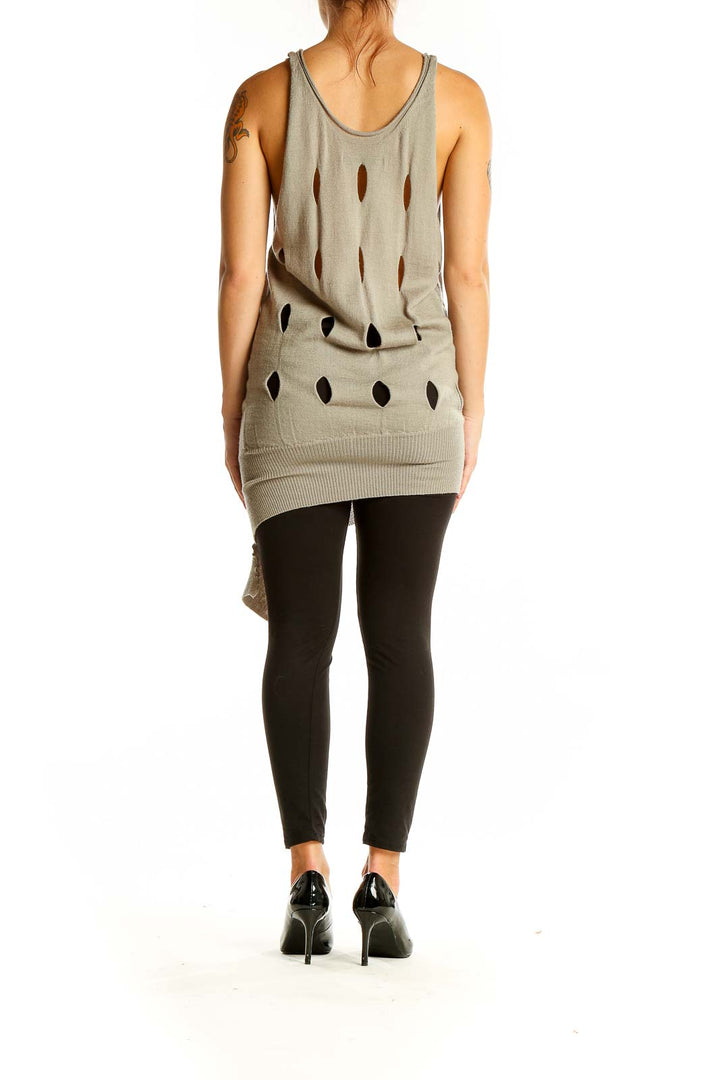 Back view of JNBY taupe wool tank top showing cutout pattern and asymmetrical hem