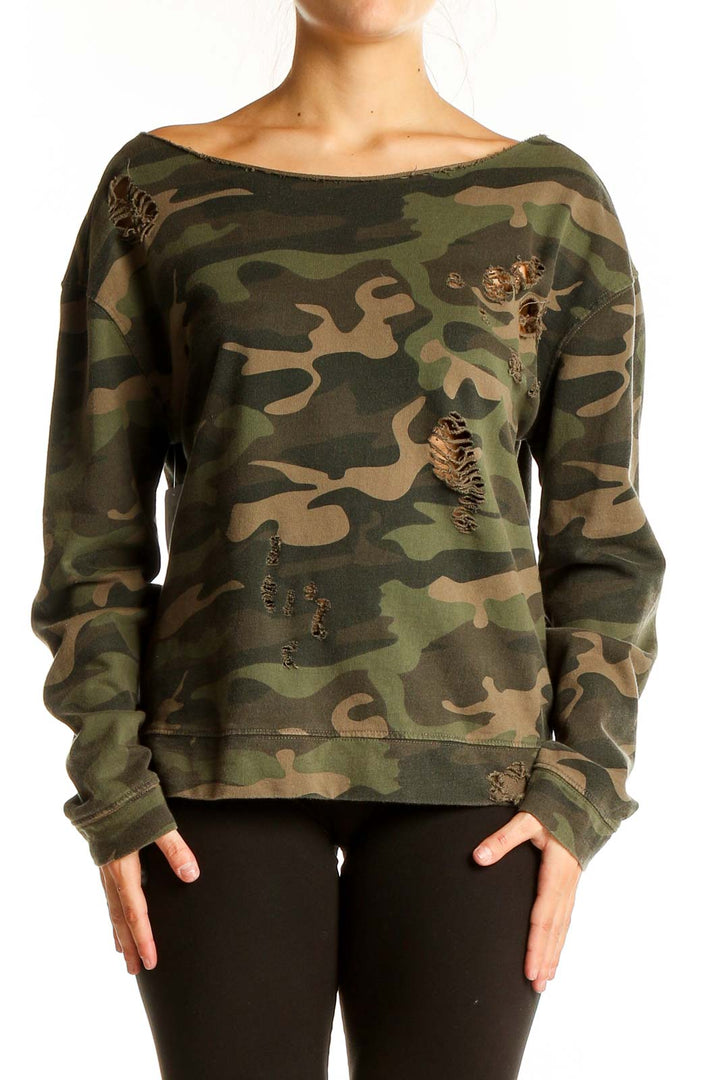 Front view of green camouflage distressed cotton sweatshirt with boat neckline