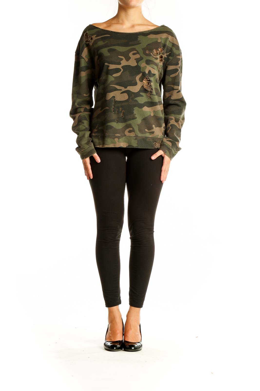 Front view of green camouflage distressed cotton sweatshirt with boat neckline