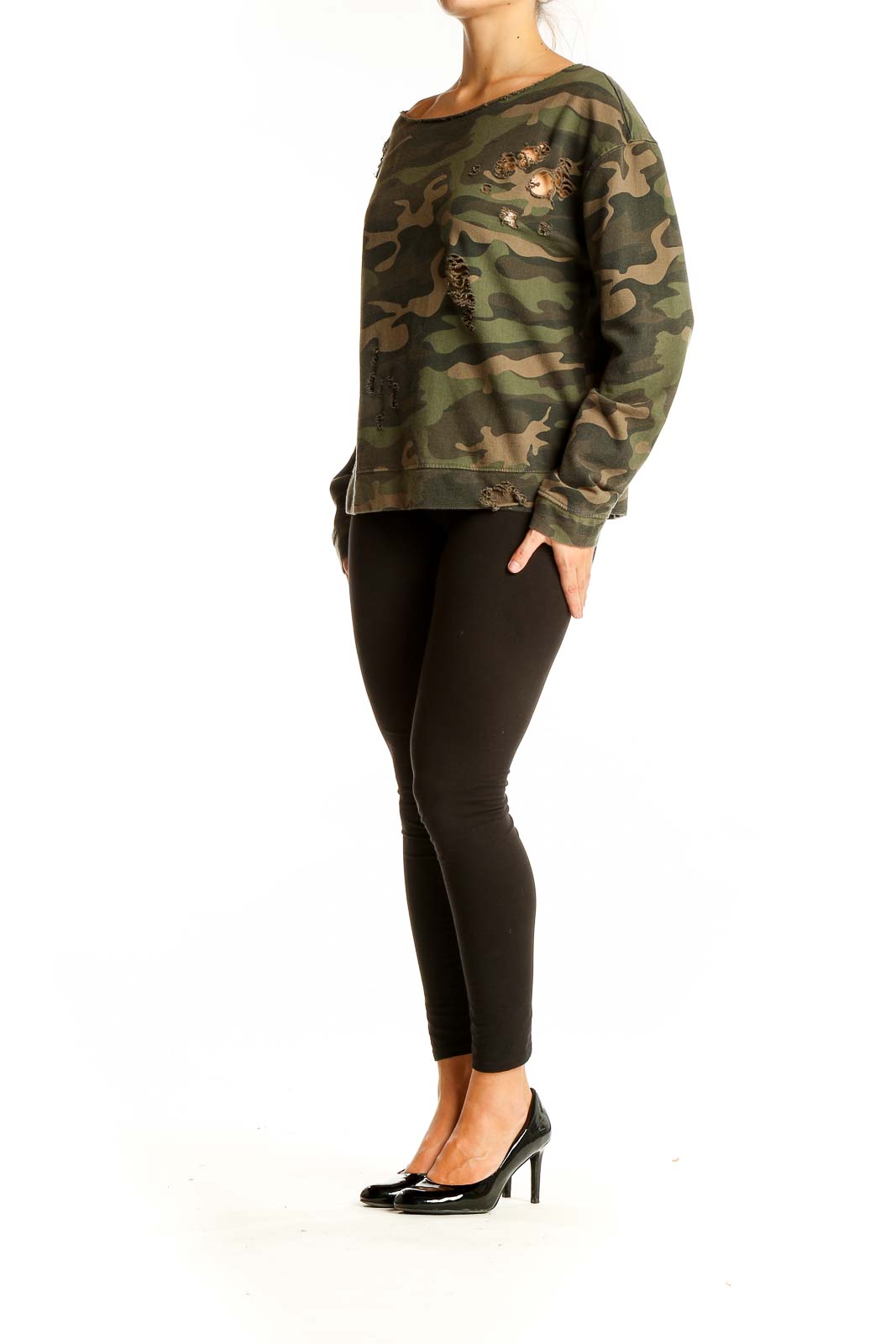 Front view of green camouflage distressed cotton sweatshirt with boat neckline