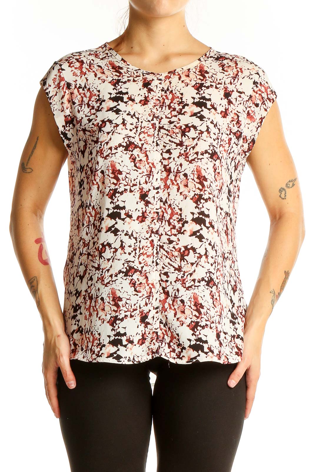 Front view of The Limited white floral print cap sleeve blouse