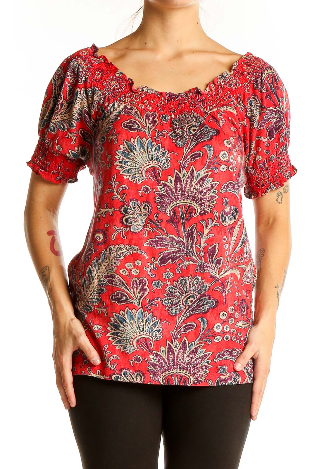 Front view of red floral paisley Lauren Ralph Lauren peasant top with off-shoulder neckline