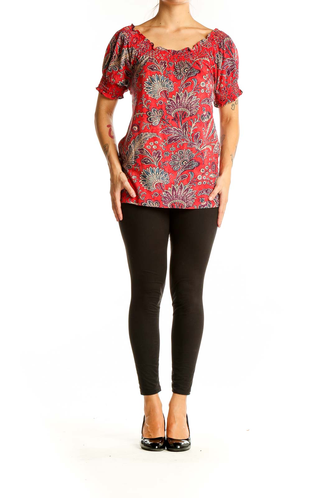 Red Floral Paisley Cotton Peasant Top