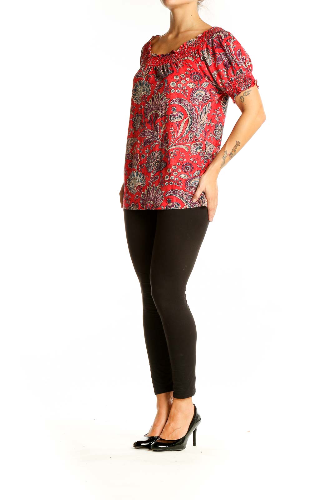 Front view of red floral paisley Lauren Ralph Lauren peasant top with off-shoulder neckline