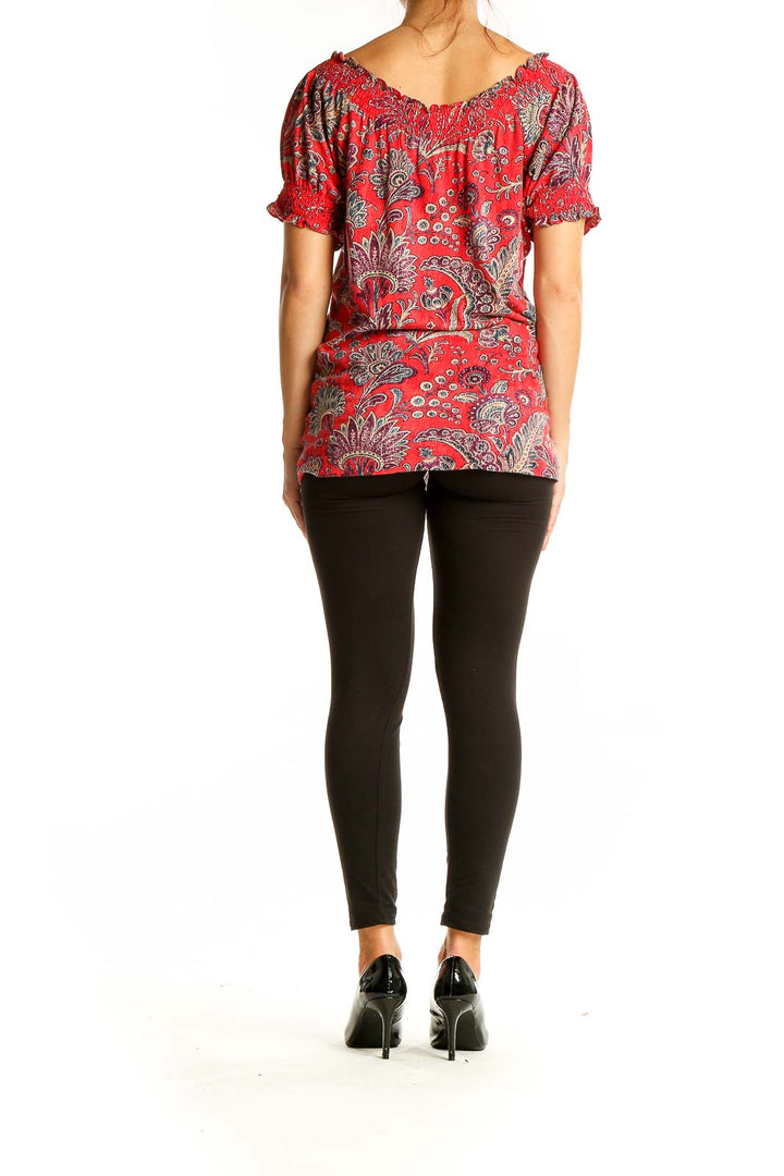 Back view of red floral paisley Lauren Ralph Lauren peasant top showing relaxed fit