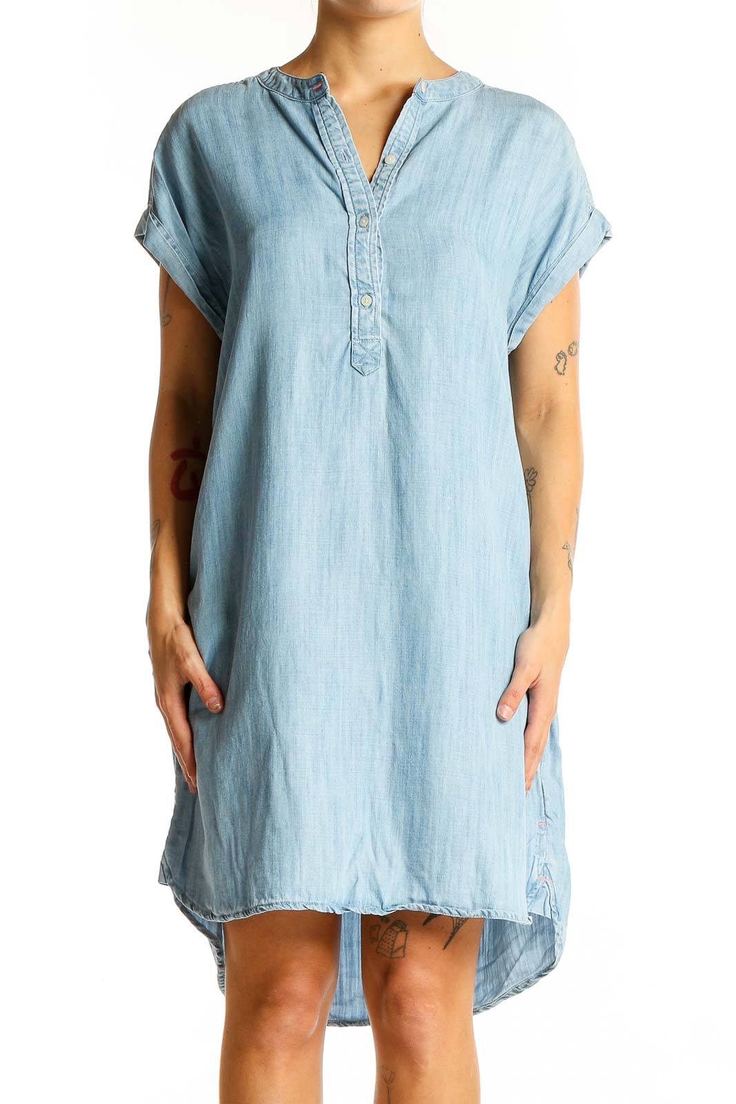 Front view of light blue denim shirt dress from vineyard vines