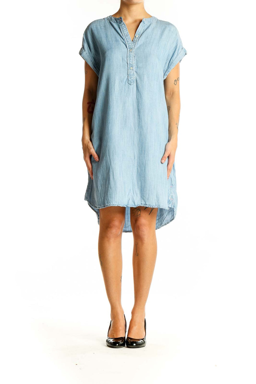 Front view of light blue denim shirt dress from vineyard vines