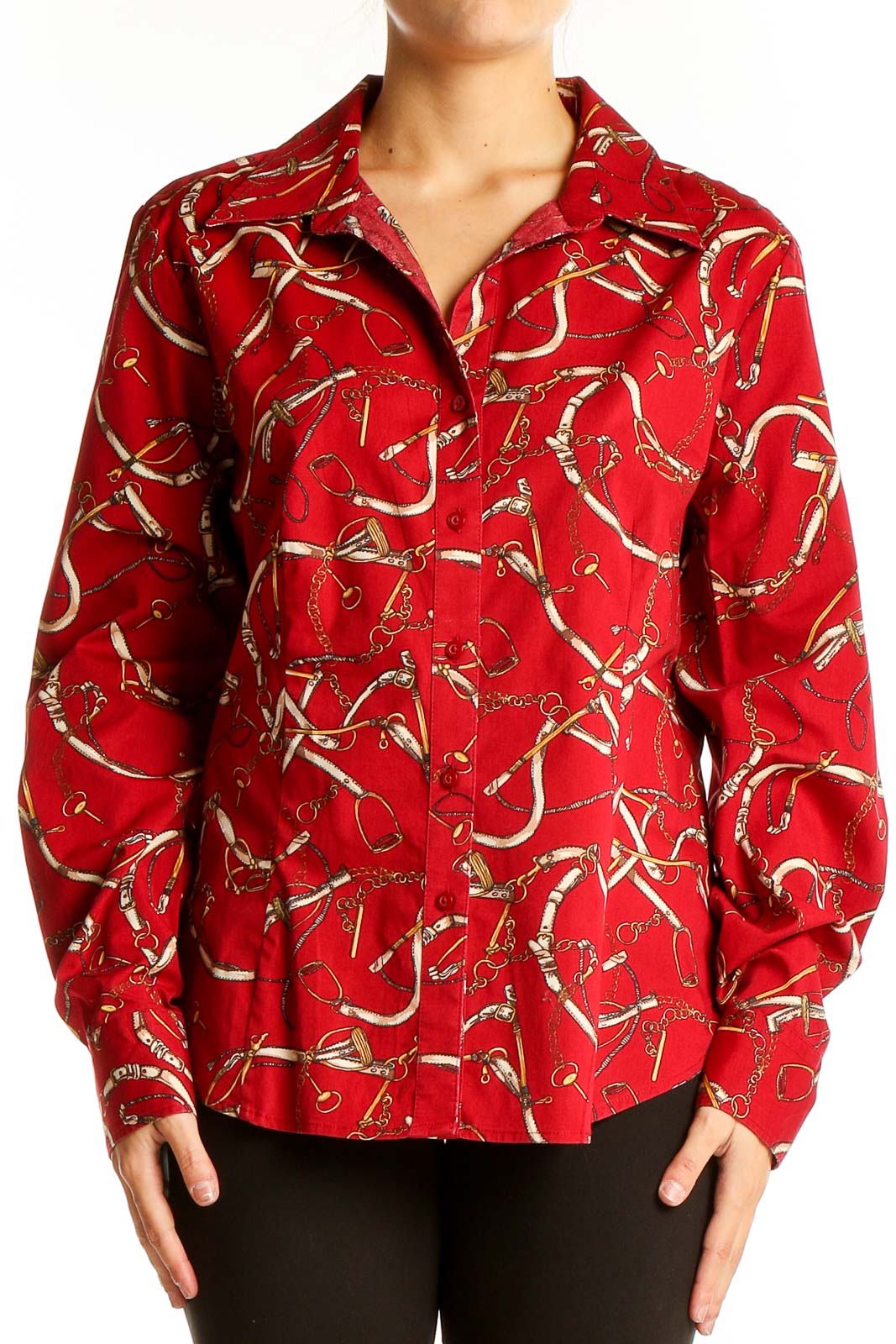 Front view of red Talbots button-up shirt with gold equestrian print