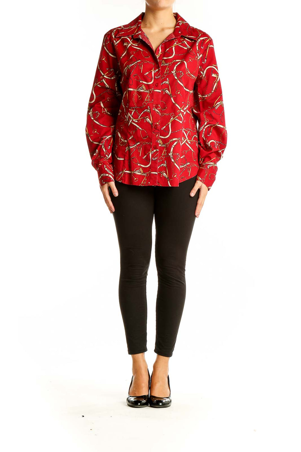 Front view of red Talbots button-up shirt with gold equestrian print