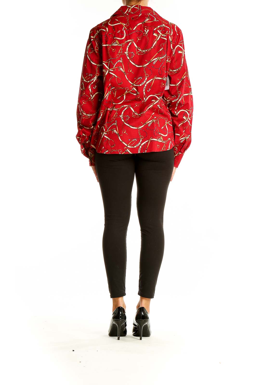 Back view of red Talbots button-up shirt with gold equestrian print