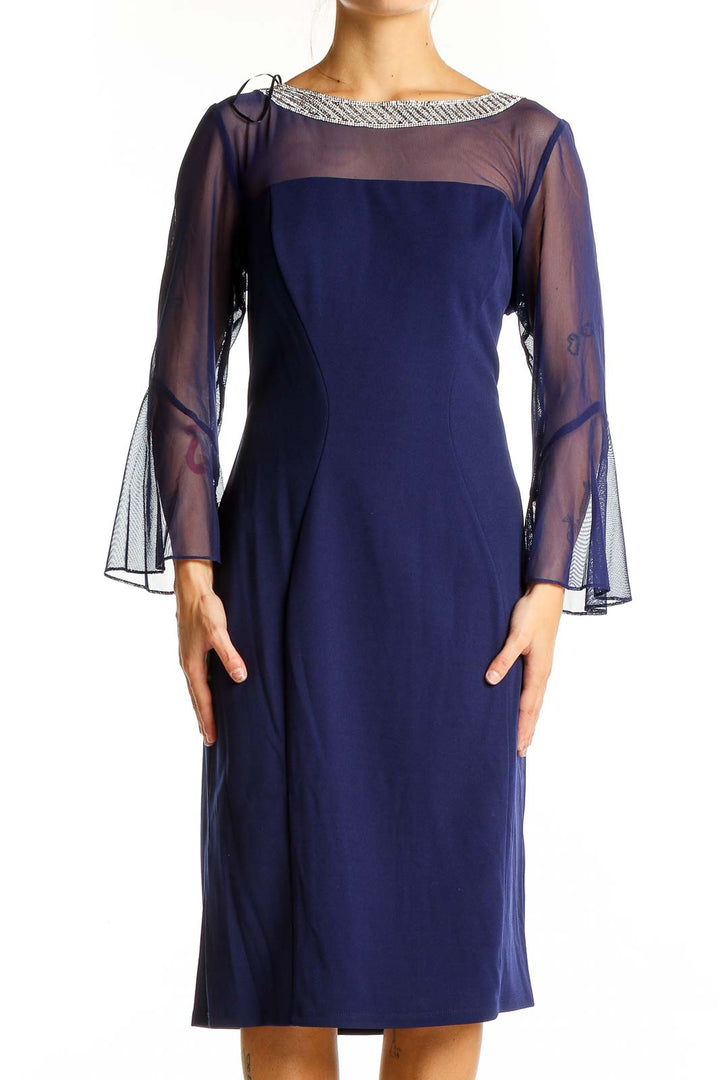 Navy Mesh Detail Evening Dress