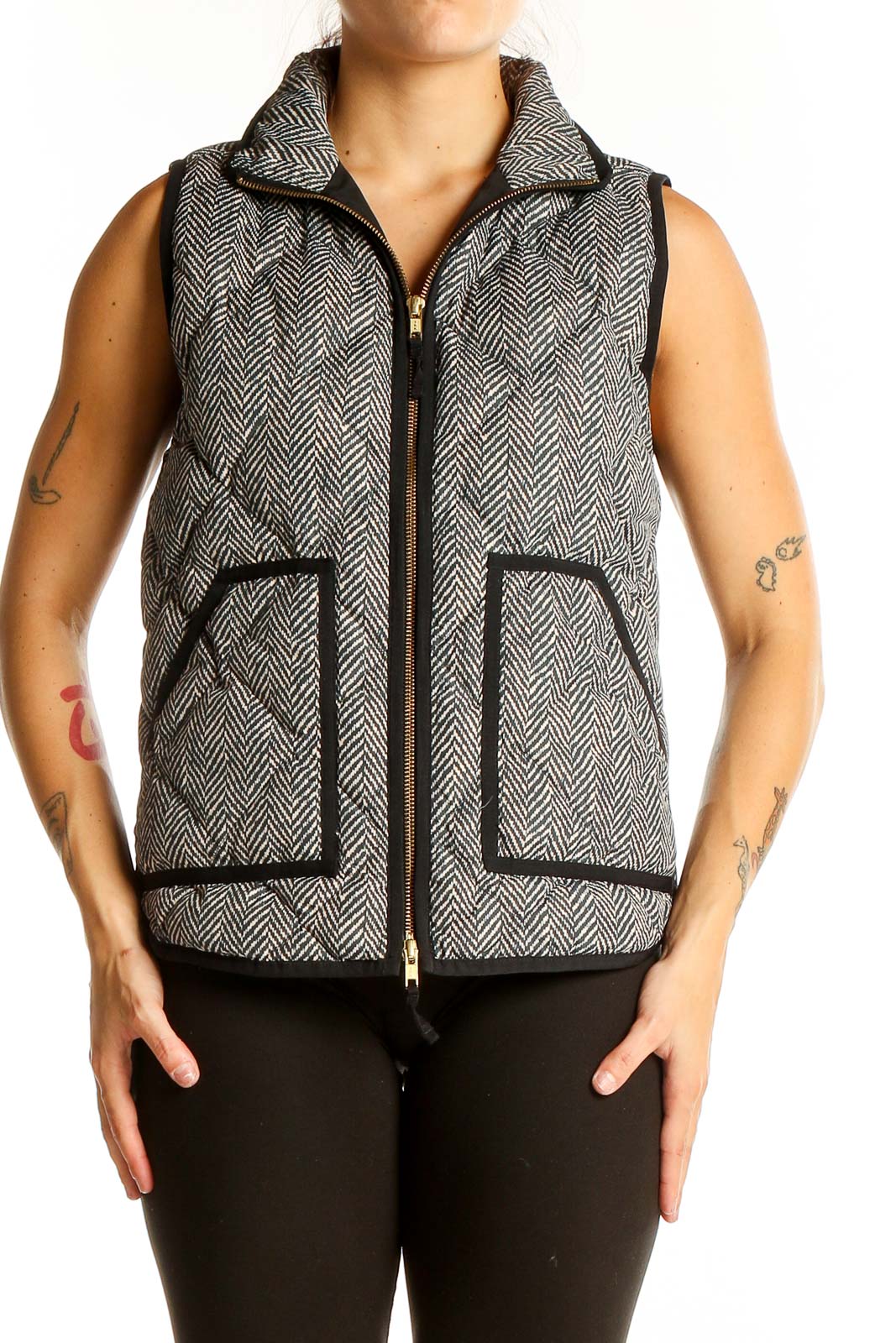 Front view of J.Crew gray herringbone quilted puffer vest