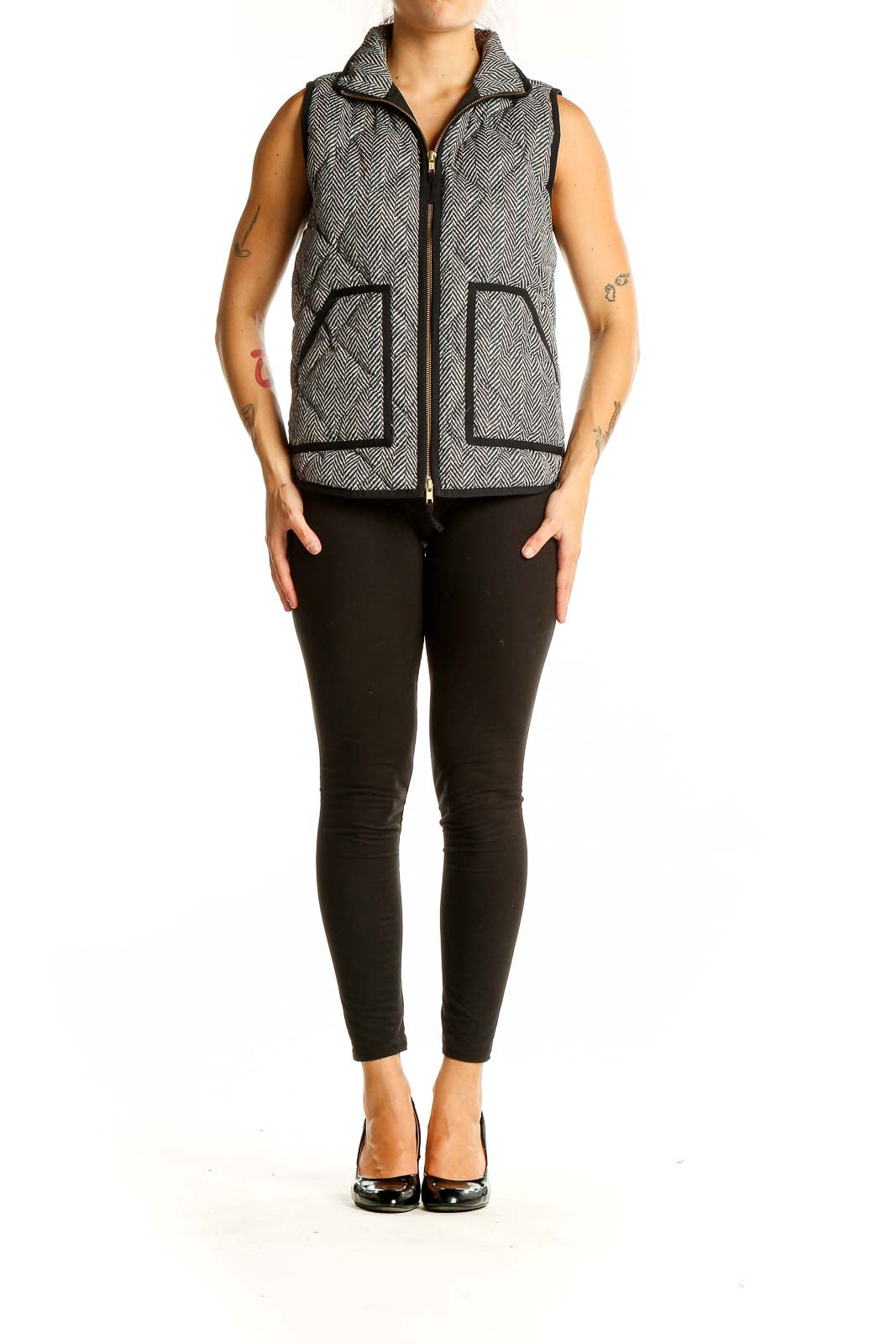 J. Crew Printed Quilted Puffer Herringbone Vest Gray Cream Pockets store sz S