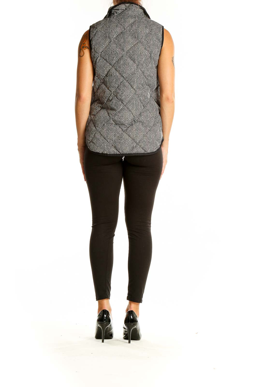 Back view of J.Crew gray herringbone quilted puffer vest