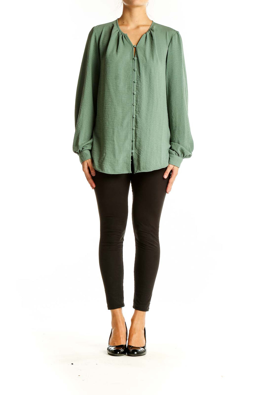 Front view of Nine West sage green button-front blouse with balloon sleeves