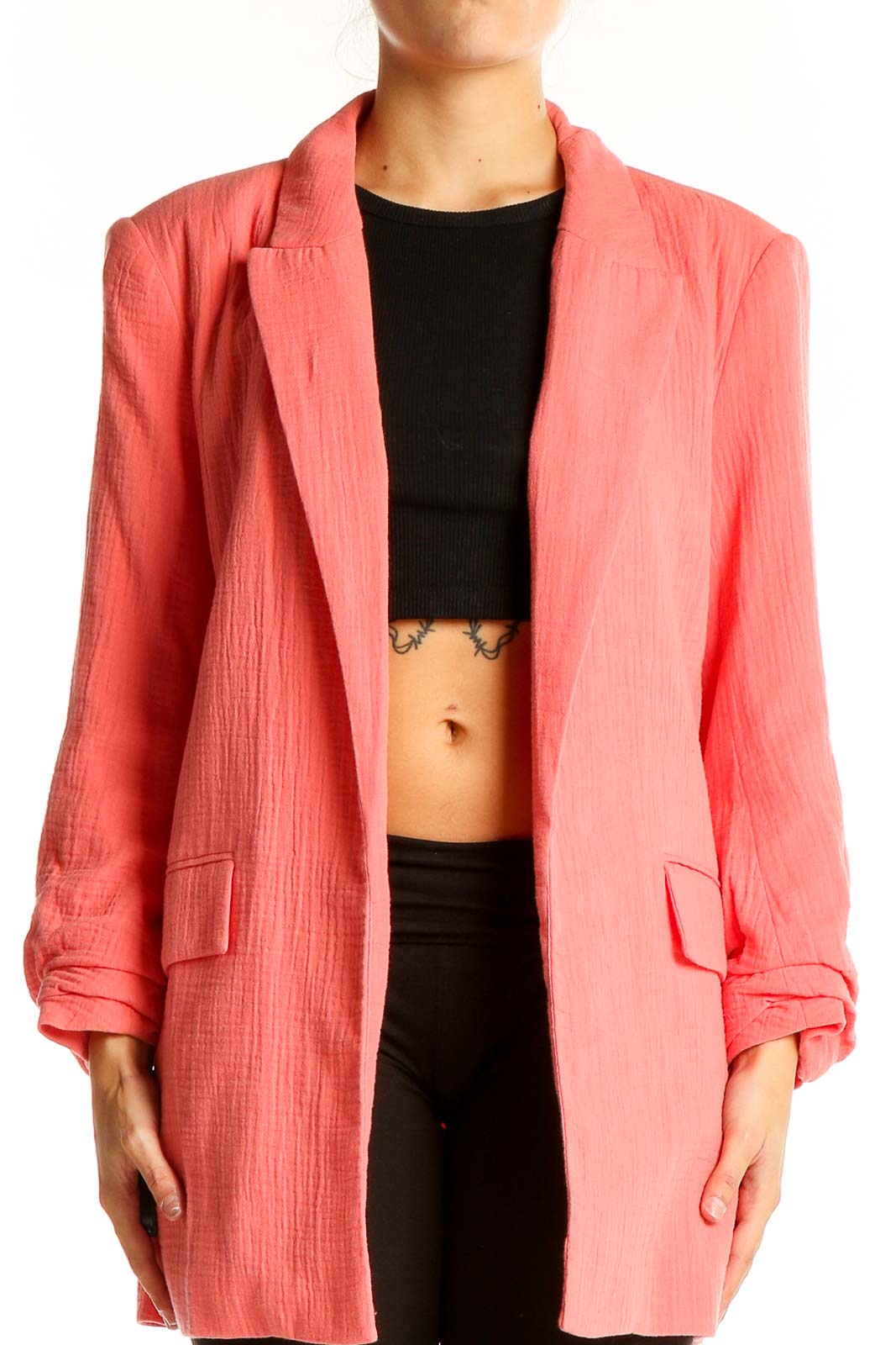 Front view of Nine West coral textured oversized blazer