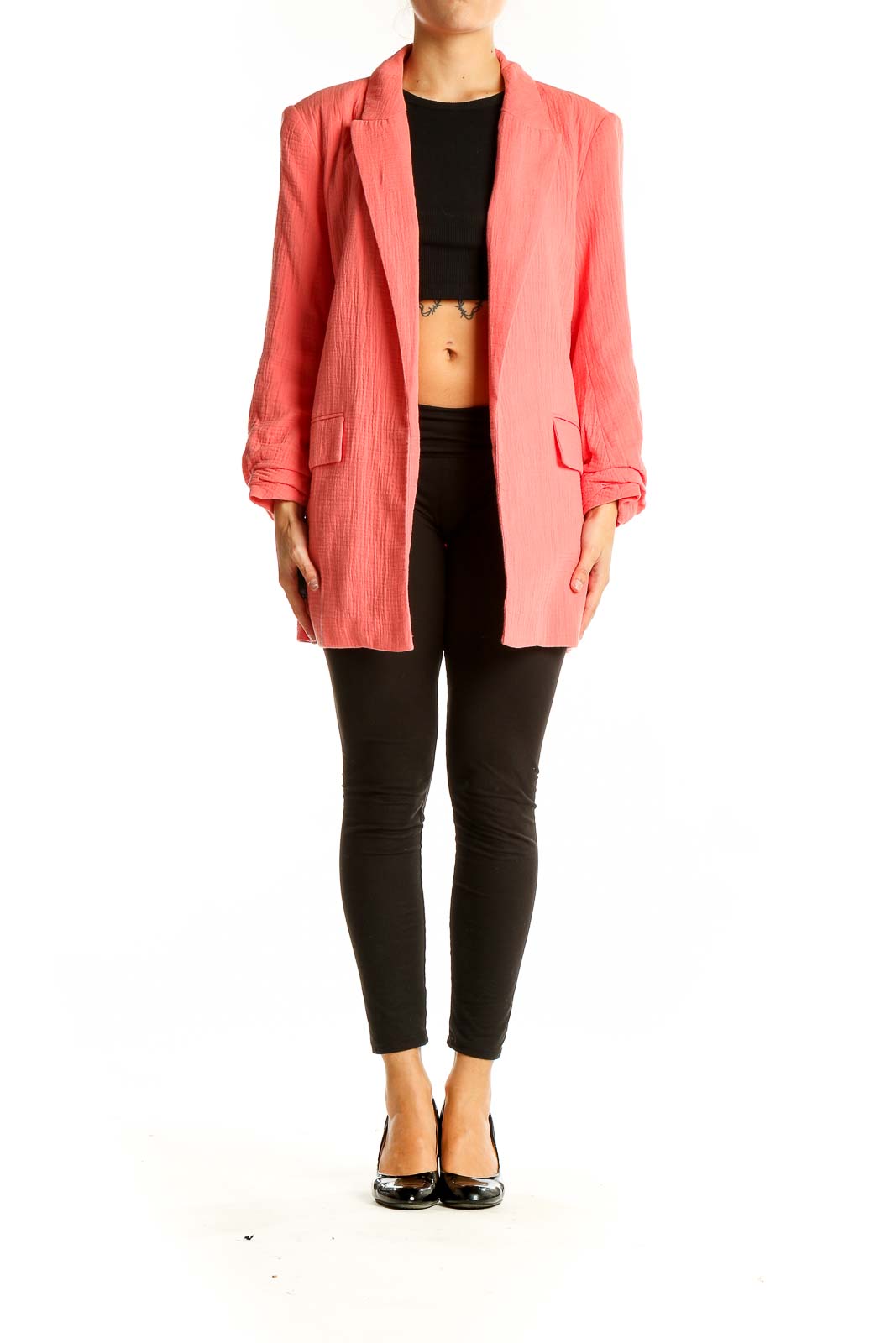 Front view of Nine West coral textured oversized blazer