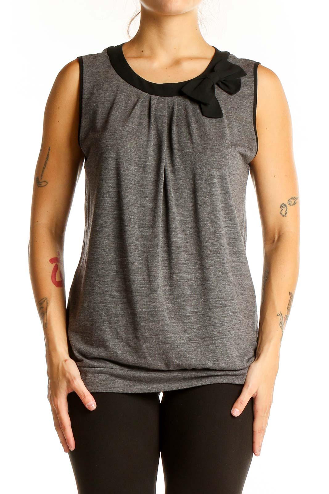 Front view of gray sleeveless blouse with black bow accent from Ann Taylor LOFT