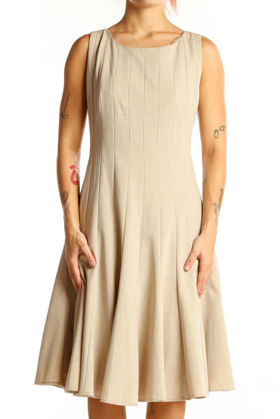 Front view of beige Calvin Klein pleated sleeveless A-line dress