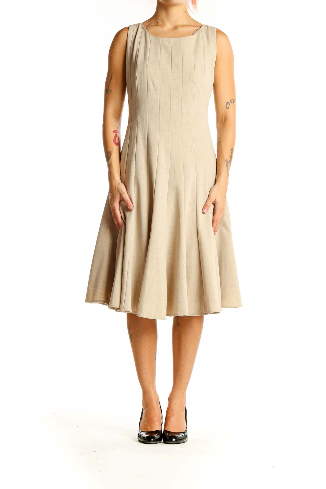 Front view of beige Calvin Klein pleated sleeveless A-line dress