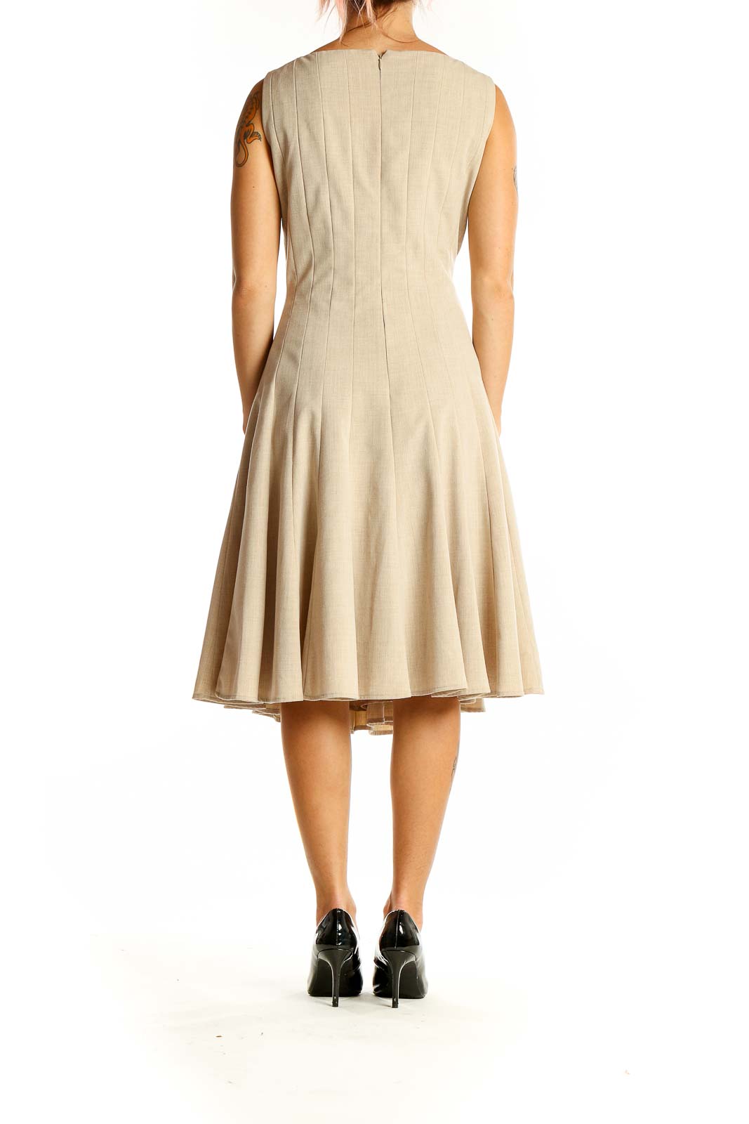 Back view of beige Calvin Klein pleated sleeveless A-line dress