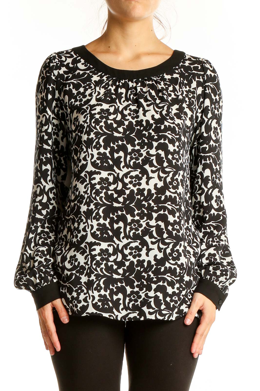 Front view of Ann Taylor LOFT black and white floral print blouse with scoop neckline