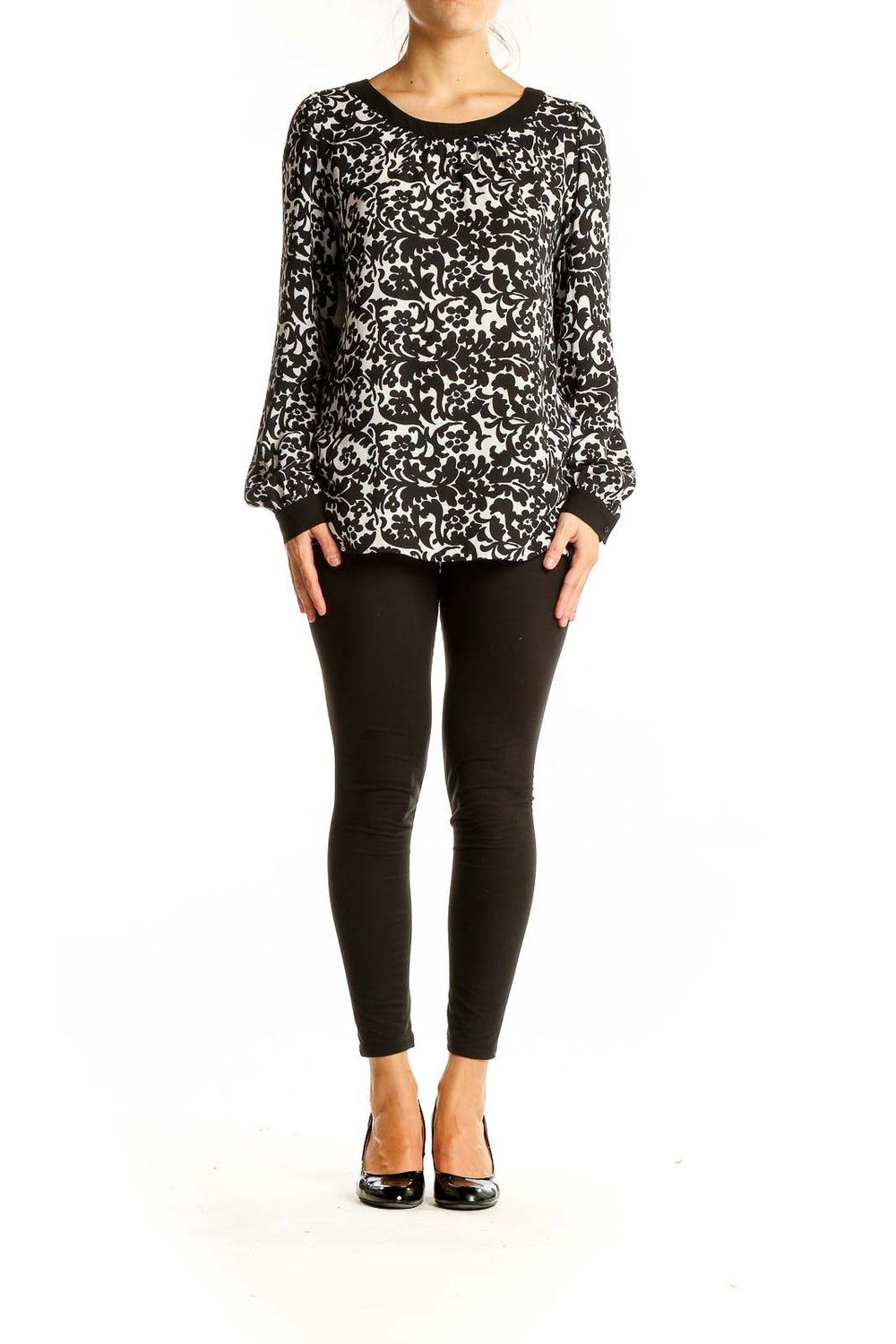 Front view of Ann Taylor LOFT black and white floral print blouse with scoop neckline