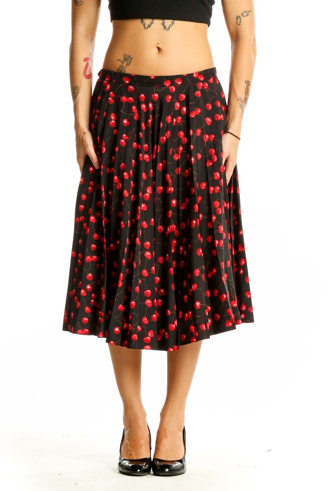 Front view of J.Crew black midi skirt with red cherry print