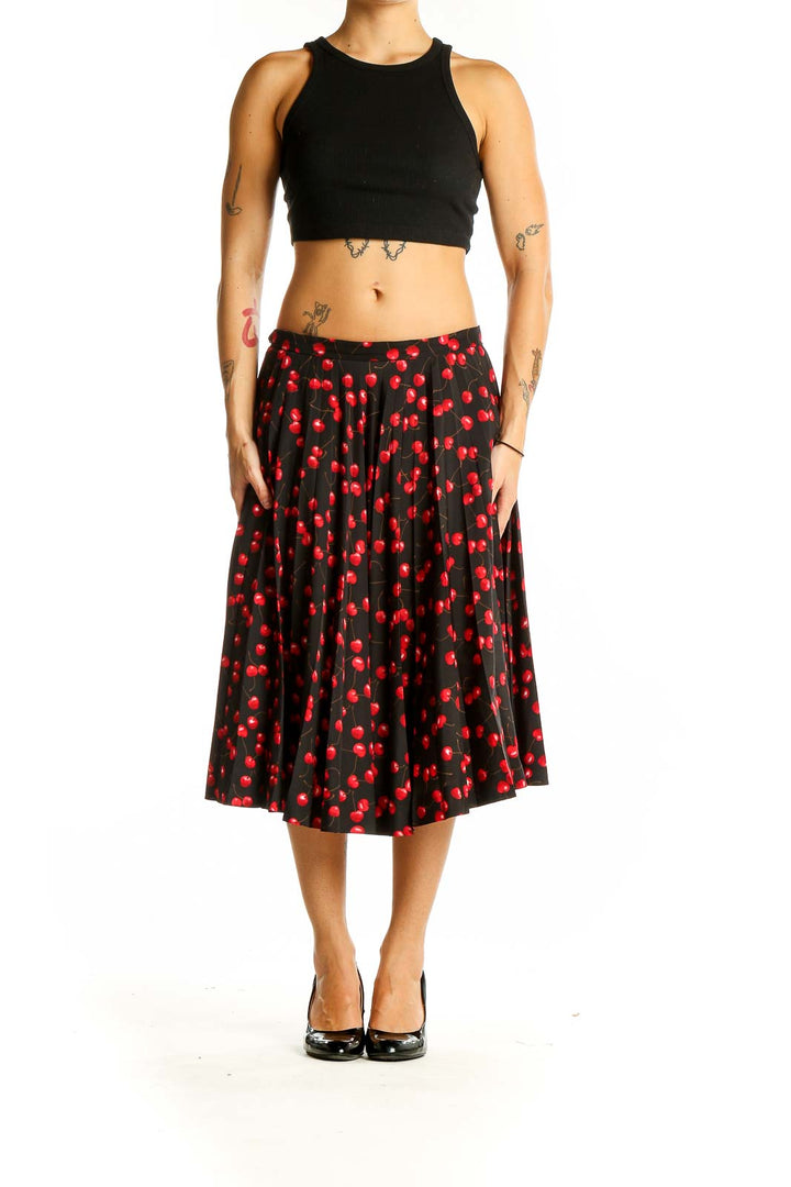 Front view of J.Crew black midi skirt with red cherry print